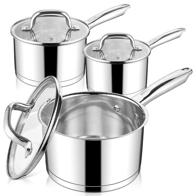 Tri-Ply Stainless Steel Saucepan Set of 3, Leonyo 1QT & 2QT & 3QT Nonstick Sauce Pan with Lid, Small Cookware Pots and Pans for Kitchen Cooking, Stay-Cool Handle & Heat Even