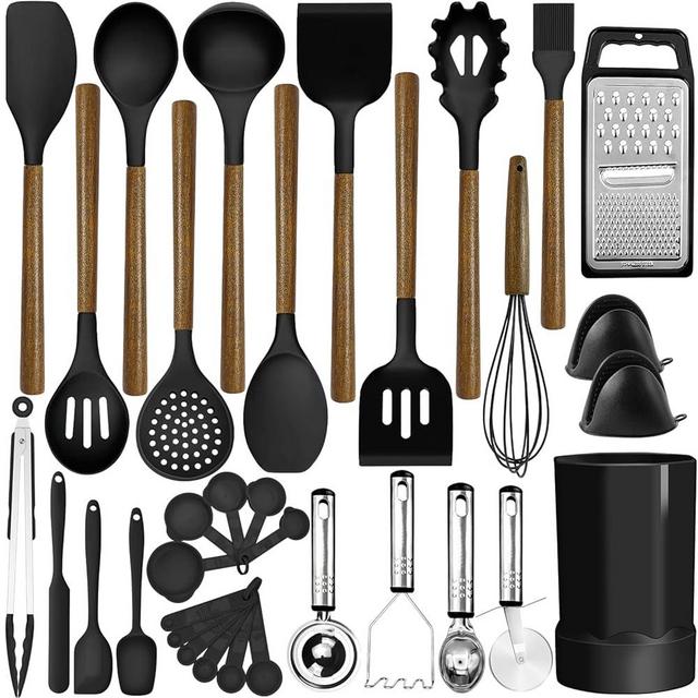 Kitchen Cooking Utensils Set-446°F Heat Resistant Silicone Kitchen Utensils for Cooking-34 Piece Kitchen Set with Natural Acacia Wooden Handles and Holder, BPA FREE for Non-Stick Cookware (Black)