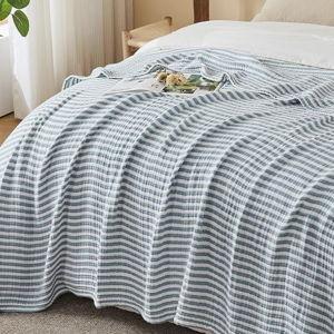 EMME Cotton Muslin Large Throw Blanket Couch Breathable Gauze Soft Lightweight Bed Blankets Adults (Striped Teal, 50"x70")