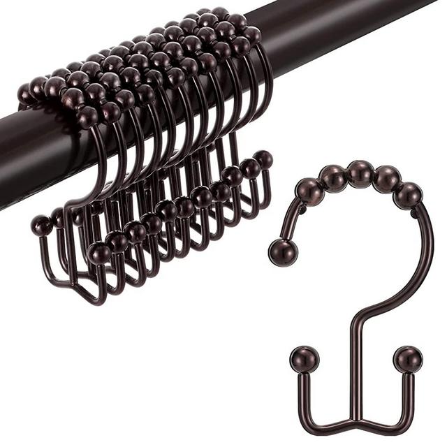 TENOVEL Shower Curtain Hooks Rings, Double Sided Shower Hooks Rust Proof for Bathroom Shower Rods Curtains, Durable Stainless Steel Bathroom Shower Curtain Hangers, Brushed Bronze, Set of 12