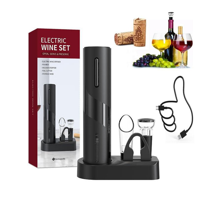 Electric Wine Opener ，Rechargeable Wine Bottle Opener electric Automatic Wine Corkscrew with Foil Cutter,Wine Pourer, Vacuum Preservation Stoppers, electric wine bottle opener Set Gifts.(BLACK)