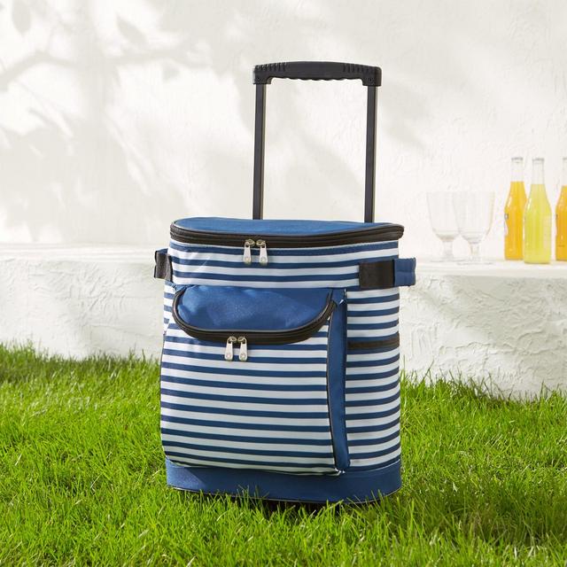 Blue-and-White Striped Wheeled Cooler