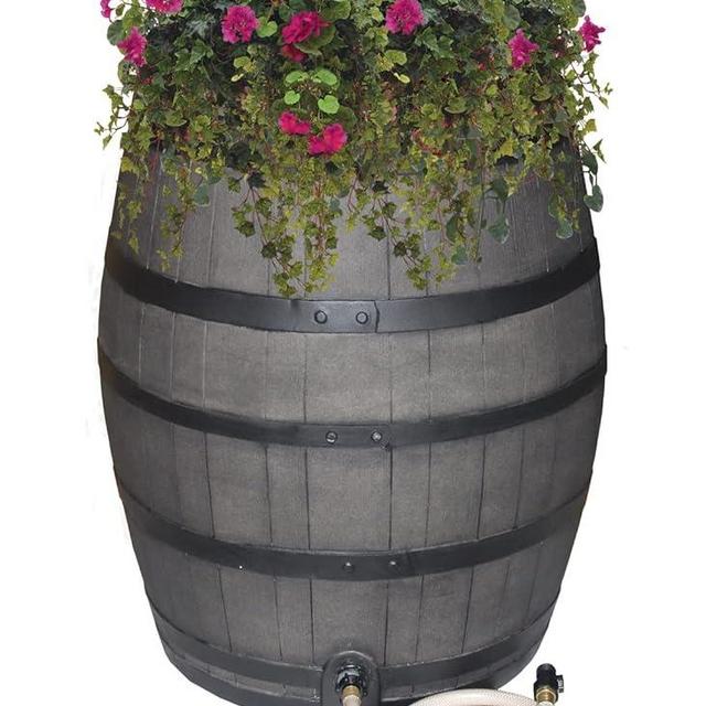 Rescue 50-Gallon Whiskey Rain Barrel with Black Bands – Includes Planter, Rain Water Diverter, Outlet Hose – Flatback Design – Gray