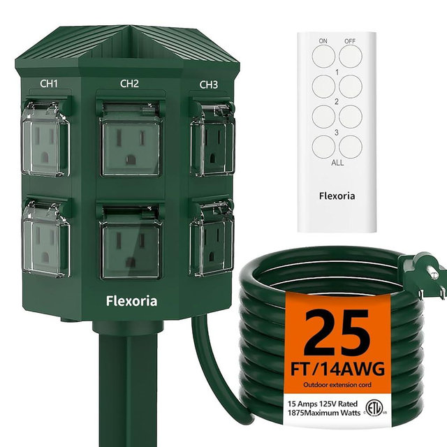 Flexoria Outdoor Power Stake, 25 Feet Extension Cord Waterproof, Independently Remote Control 3 Sets of Outlets, 6 Grounded Outlets for Garden, Patio, Outdoor Decor, ETL Listed