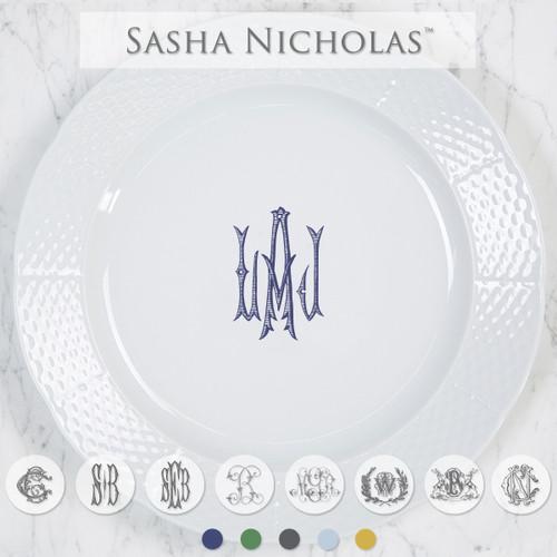 Weave Charger Plate with Light Blue Momogram