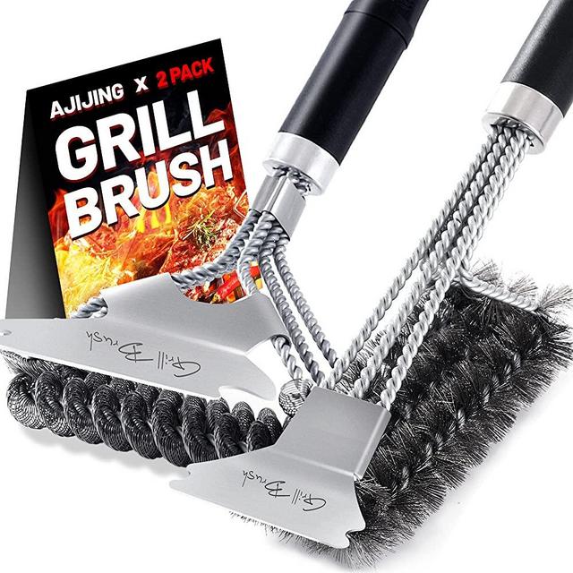 AJIJING Grill Brush and Scraper,2 Pack BBQ Grill Cleaning Brush 18" Stainless Steel Wire Bristle BBQ Grill Cleaner Brush Scraper Accessories for Gas Grill Weber Charcoal Porcelain Ceramic Iron Grill