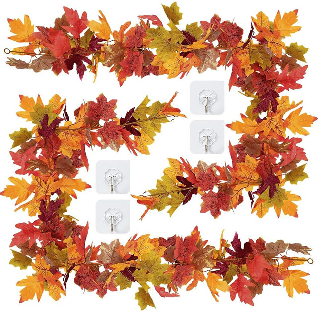 11.6Ft(2Pcs*5.8Ft) Fall Maple Leaves Garland Decorations,Artificial Leaf Thanksgiving Decor for Tree Autumn Mantle Table Bedroom Office Classroom Party Indoor Outdoor Holiday Home Orange