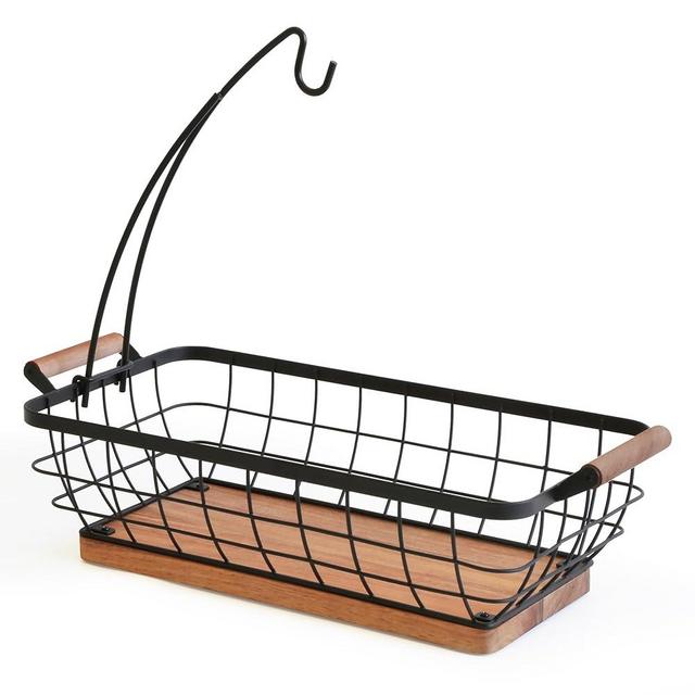 WILDMOS Rectangular Fruit Basket with Banana Hanger,Metal Wire Fruits Bowl with Wooden Base,Kitchen Table Organizer,Black Fruit Bowl for Kitchen Counter,Vegetable Bowls for Fruits, Veggies, Snacks.