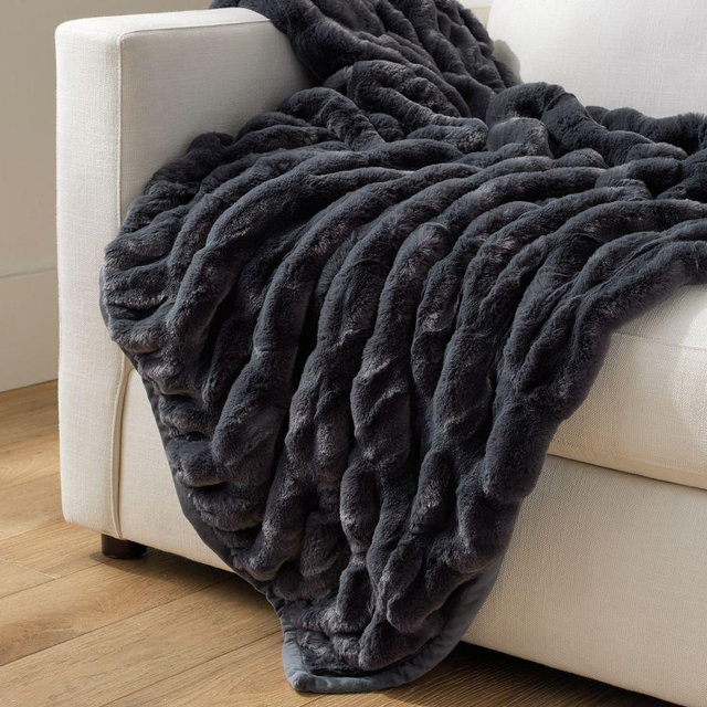 PB IDS Ruched Faux Fur Throw: 60x80 Inches: Steel Blue