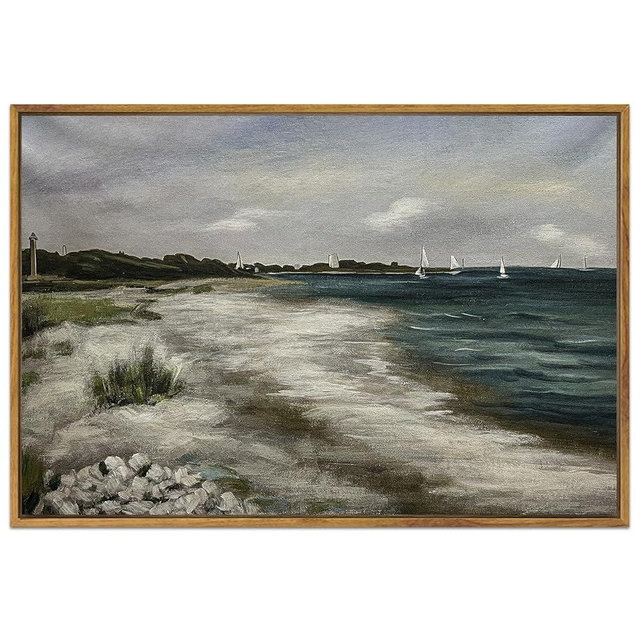 SHENIFY 24x36in Large Vintage Landscape Seascape Framed Canvas Wall Art Seaside Coastal Scenery Classic Hallway Bathroom Office Decor - Natural Framed