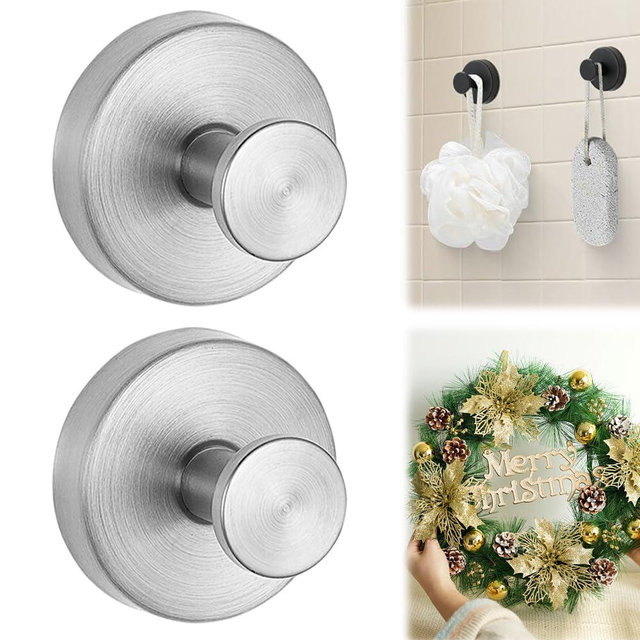 LECDOA Suction Cup Hooks for Wreaths on Glass, 2025 New Model No-Drill Suction Cup Hooks, Wreath Hangers for Front Doors, Metal Towel Hooks for Showers Bathrooms Mirrors (2, Silver)