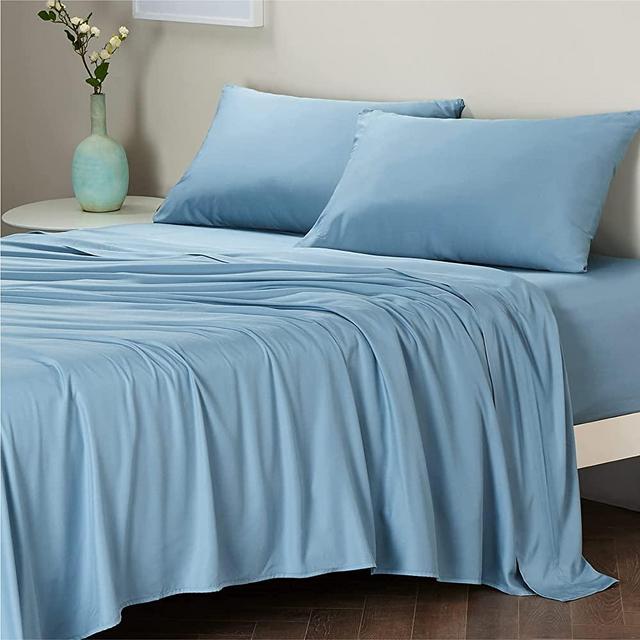 Bedsure 100% Bamboo Sheets Set Queen Spa Blue - Cooling Bamboo Bed Sheets for Queen Size Bed with Deep Pocket 4PCs Super Soft Breathable