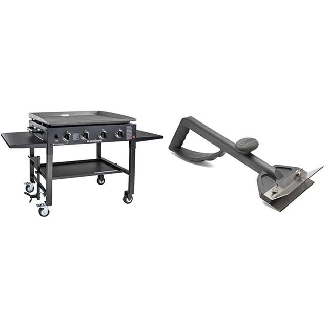 Blackstone 1554 Cooking 4 Burner Flat Top Gas Grill Propane Fuelled Restaurant Grade Professional 36” Outdoor Griddle Station with Side Shelf, 36 Inch, Black & Cuisinart CCB-500 Griddle Scraper