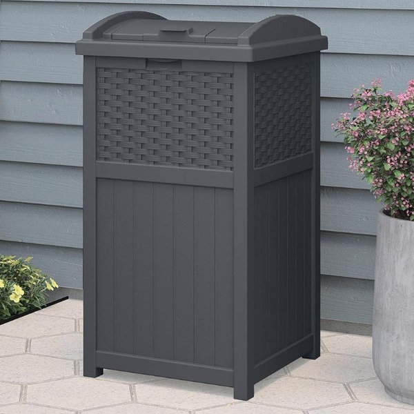 Suncast 33 Gallon Wicker-Style Hideaway Trash Can with Secure Latching Lid and Weather-Resistant Construction for Patio, Cyberspace Grey, Made in the USA