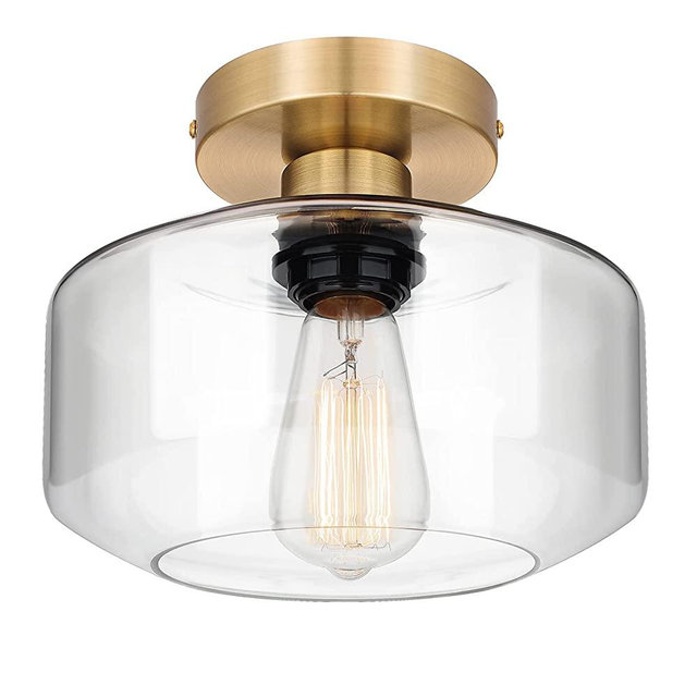 Industrial Semi Flush Mount Ceiling Light Gold, Clear Glass Pendant Lamp Shade, Farmhouse Lighting for Porch Hallway Kitchen Bedroom, Vintage Hanging Light Fixtures, Bulb Not Included
