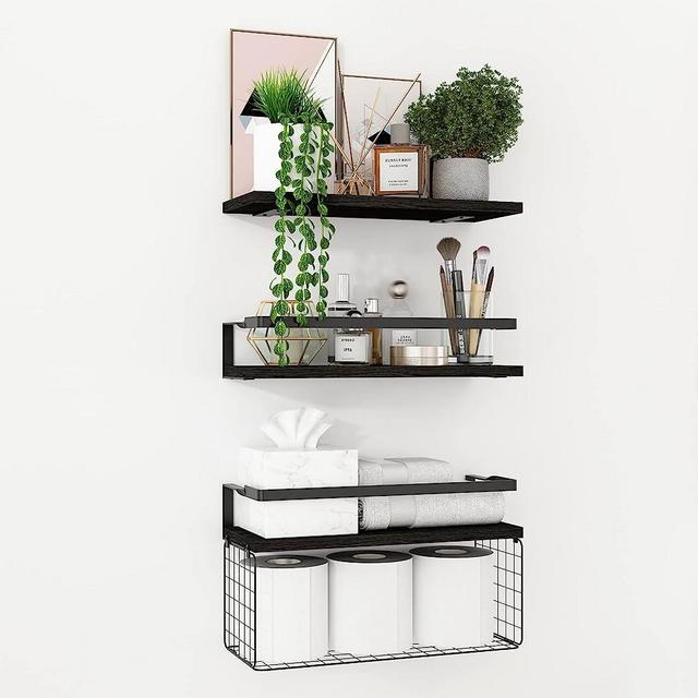 REALINN Floating Shelves with Storage Basket, Wall Mounted Bathroom Shelves Over Toilet Paper Holder Storage, Farmhouse Floating Shelf for Wall Decor, Bedroom, Living Room, Study, Kitchen -Black