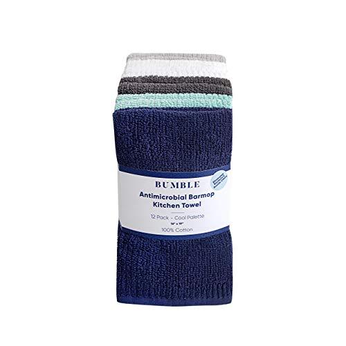 Bumble 12-Pack Antimicrobial Barmop Kitchen Towels / 16” x 19” Premium Kitchen Towels/Super Absorbent Heavy Weight Cotton/Ribbed Weave (Cool)