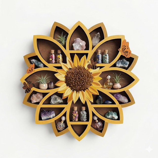 Sunflower Gifts for Women, Sunflower Decor Wooden Wall Floating Shelves with Lifelike Flower & Bee Accents, Trinket Crystal Display Shelf Boho Decor for Home Bedroom Living Room, Birthday Gift for Her