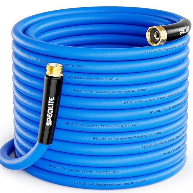 SPECILITE Hot/Cold Garden Water Hose 125 ftx 5/8 in, -50℉ To 190℉, Heavy Duty, Flexible, Burst 605 Psi, Lightweigh, Upgraded Rubber Pipe with 3/4" Brass Fittings For Backyard, Outdoor, Farm, Blue