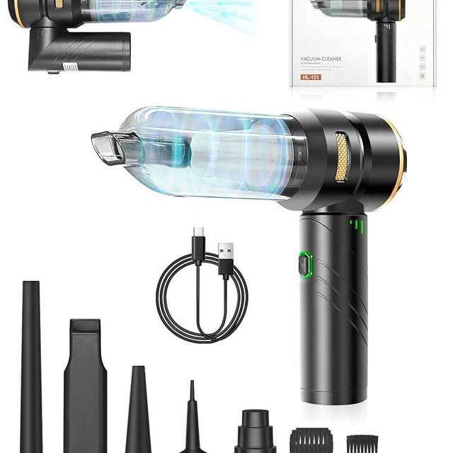 Baiwade Foldable Cordless Handheld Car Vacuum Cleaner, 15000PA High Power 2-in-1 Mini Vacuum Duster & Inflator, with 3-Speed Brushless Motor for Car Care, Home, Office, Pet