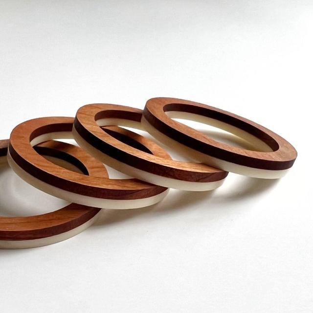 Mid-Century Modern Cherry Wood and Ivory Acrylic Napkin Ring Set x4