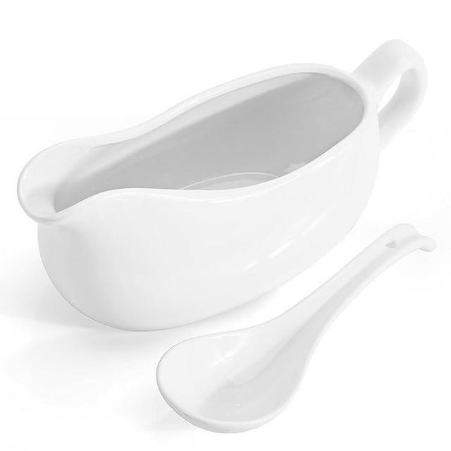 LoeJan 14OZ Gravy Boat with Depth Spoon & Tray, Ceramic Sauce Serving Dish, Easy-Pour Big Dripless Lip Spout Serveware Set For Salad Cream Milk Broth Black Pepper Pumpkin Thanksgiving (14 OZ)