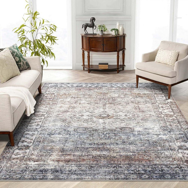 Vivorug Washable Rug, Ultra Soft Area Rug 8x10, Non Slip Vintage Rug Foldable, Stain Resistant Rugs for Living Room, Traditional (Taupe/Stone, 8'x10')