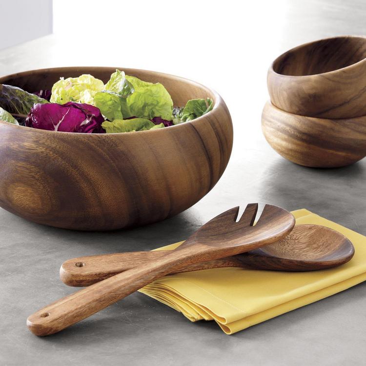 7 Pc Salad Bowl Serving Set - Whitewash Wood