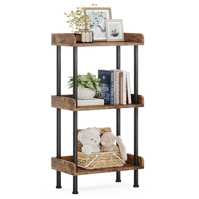Hosfais Bookshelf Small Book Shelf: 3-Tier Wood Bookcase Industrial Bookshelf with Edge Protection Metal Standing Book Shelves Display Book Rack for Living Room Bedroom Home Office (Rustic Brown)