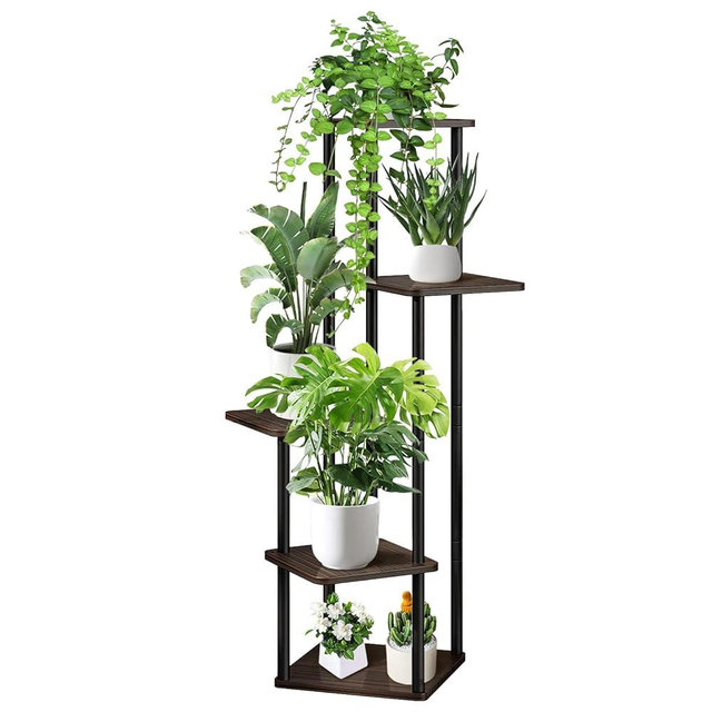YOCOMEY 5 Tier Wood Tall Plant Stand Metal Rack Indoor, Multiple Flower Pot Holder Shelves Corner Rack, Planter Shelf Display Rack Storage Organizer for Patio Living Room Balcony Garden(Black Oak)