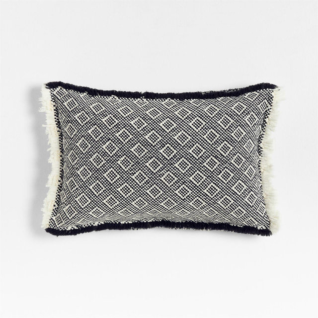 Geo Fringe Organic Cotton 22x15 Ink Black Throw Pillow with Feather Insert