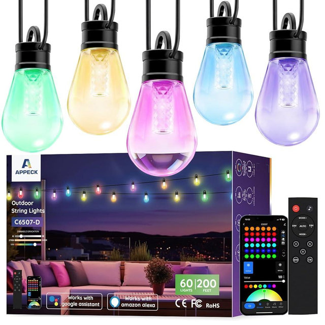 APPECK Outdoor String Lights, 200ft Smart RGBW Patio Lights for Outside with 60 LED Bulbs, Extenable, 111 Scene Modes, IP65 Waterproof Lighting for Backyard, Dimmable Warm White, Compatible with Alexa