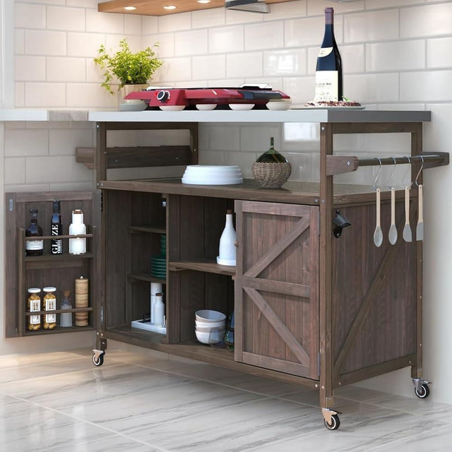ABBSR Outdoor Garden Patio Party BBQ Grill Cart Side Table, Home Rolling Kitchen Island with Stainless Steel top, Shelves, Storage Cabinet, Spice Rack, Towel Rack（Dark Brown）