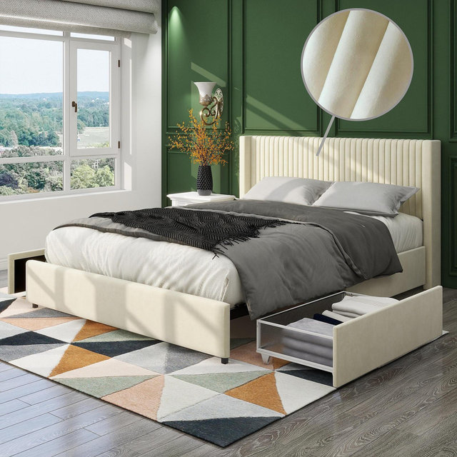 Streamdale Furniture Anna Patented 2-Drawer Storage Bed Queen Ivory Velvet Upholstered Wingback Platform Bed Modern Design Headboard with Tight Channel Wooden Slat Mattress Support No Box Spring Needed
