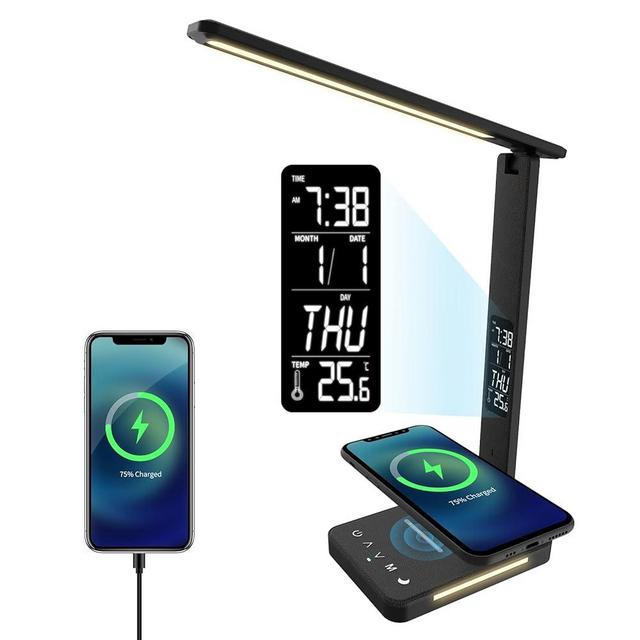 Banrterd LED Desk Lamp with Wireless Charger, USB Charing Port, Dimmable Eye-Protecting Desk Light with Night Light, Digital Alarm Clock, Temperature for Home Office Black