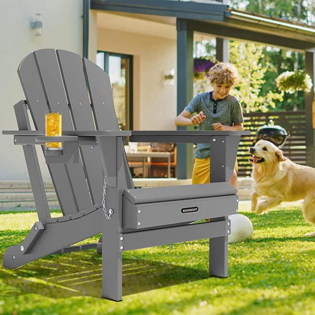 MUCHENGHY Folding Adirondack Chairs, Patio Chairs, Lawn Chairs, Outdoor Chairs, Adirondack Chair Plastic, Fire Pit Chairs, Weather Resistant with Cup Holder for Deck, Backyard, Garden(Gray)