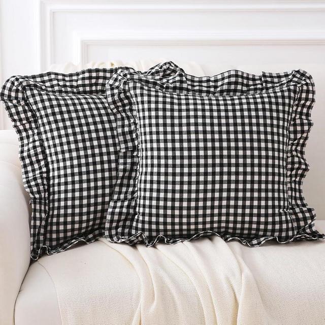 K MASANIJI 2 Pack Black White Plaid Ruffle Gingham Throw Pillow Covers, 100% Washed Cotton Buffalo Checkered Farmhouse Pillow Shams - 18''x18''