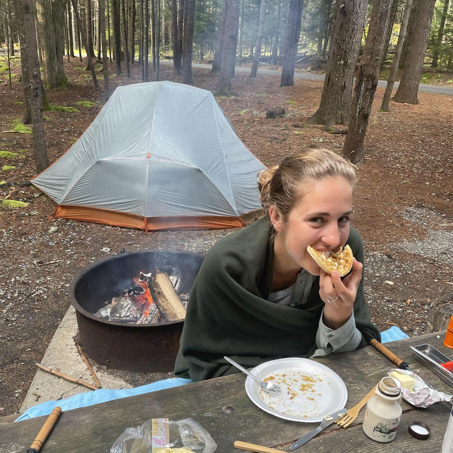 Frozen waffles over the fire are our favorite camping breakfast!