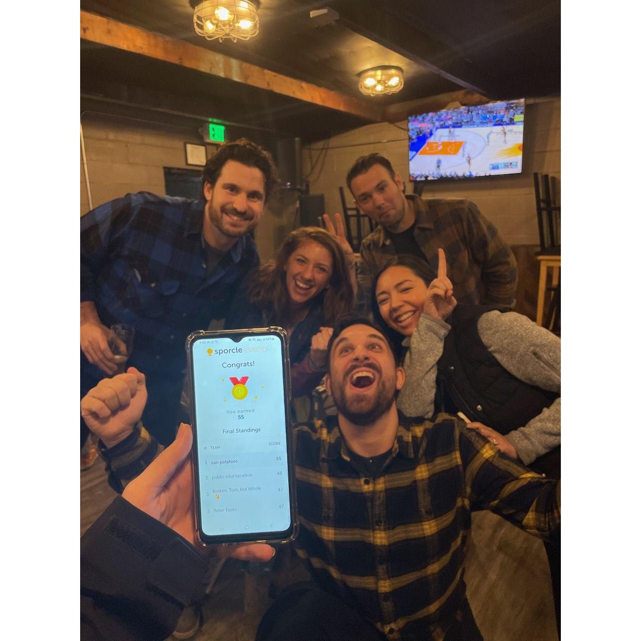 The first time the San Potatoes won trivia at Clandestine. February 2023.