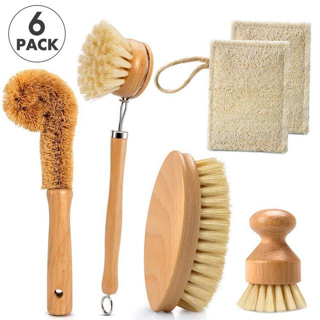 Leadhom 6pcs Environmental Kitchen Cleaning Brush Set Dish Household Brush-1Dish Brush, 1Oval Scrubbing Brush, 1Bottle Brush, 1 Pot Scrubber, 2 Natural Loofah