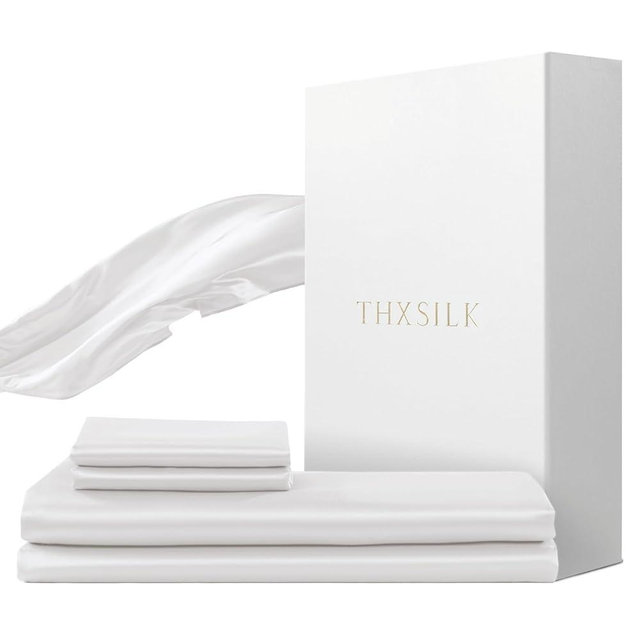 THXSILK Silk Sheet Set 4 Pcs, King Size Sheet Set, Soft Breathable Cooling Bed Sheets with 1 Flat Sheet, 1 Fitted Sheet, 2 Pillowcases with Zipper Closure, White