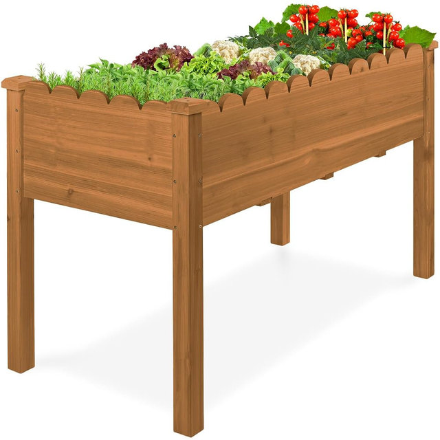 Best Choice Products Raised Garden Bed, Scalloped Design, Elevated Wood Planter Box Stand for Backyard, Patio, Balcony with Bed Liner, 48 x 24 x 30 Inches, 200 Pound Capacity - Acorn Brown