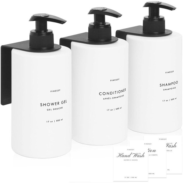 No Drill Wall Mount Shampoo and Conditioner Dispenser for Shower Gel Body Wash Soap Bottle Container White Refillable 3 Chamber Bottle, Plastic Bathroom Shampoo Dispenser for Shower Set Wall Mounted