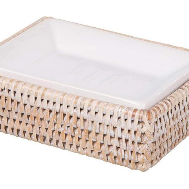 La Jolla Rattan Rectangular Soap Dish, White-Wash