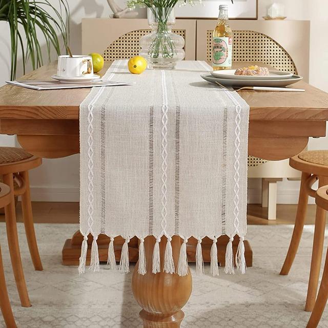 Laolitou Rustic Table Runner with Tassels, Cotton Linen Table Decoration for Holiday Party, Farmhouse Table Runners, Wedding and Dining Decorations, 72 Inches, Ivory