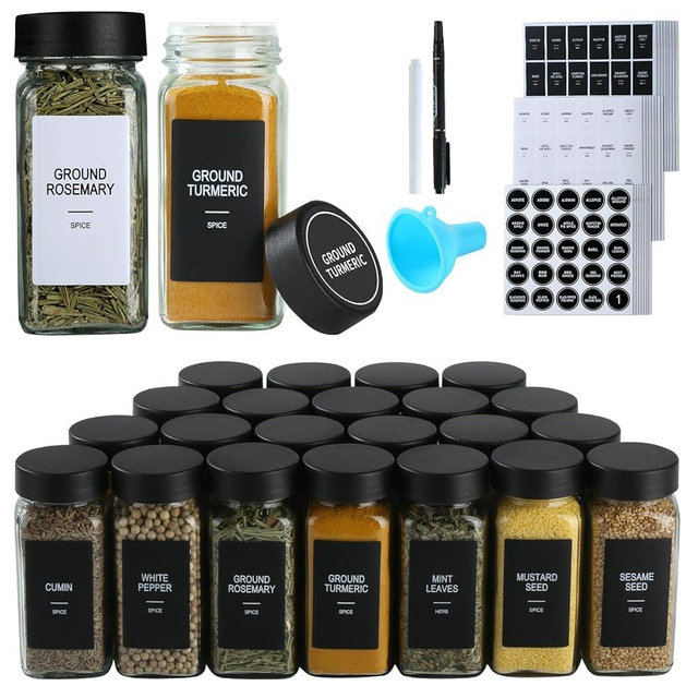 GMAMXD 36 Pcs Glass Spice Jars with Labels,4 oz Seasoning Containers,Spice Containers with Black Airtight Lids and Shaker Lids,Square Empty Spice Bottles, 492 Labels,2 Marker Pens,1 Funnel