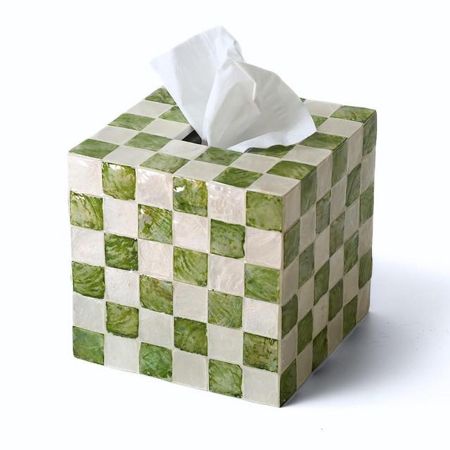 CHI AN HOME 5.7" Square Tissue Box Cover, Handmade Checkered Cube Tissue Box Cover with Capiz Shells, Decorative Tissue Holder for Living Room, Bathroom, Bedroom or Office (Pistachio Green)
