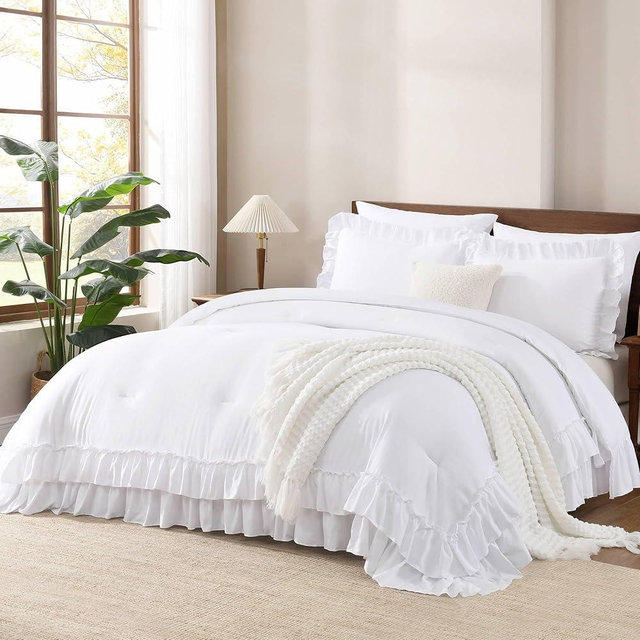Andency Oversized Queen Ruffle Comforter Set, 3 Pieces Shabby Chic Farmhouse Bedding Set, Lightweight Soft Comforter Set 98x98 for Girls Women (1 Comforter 2 Pillowcases), White