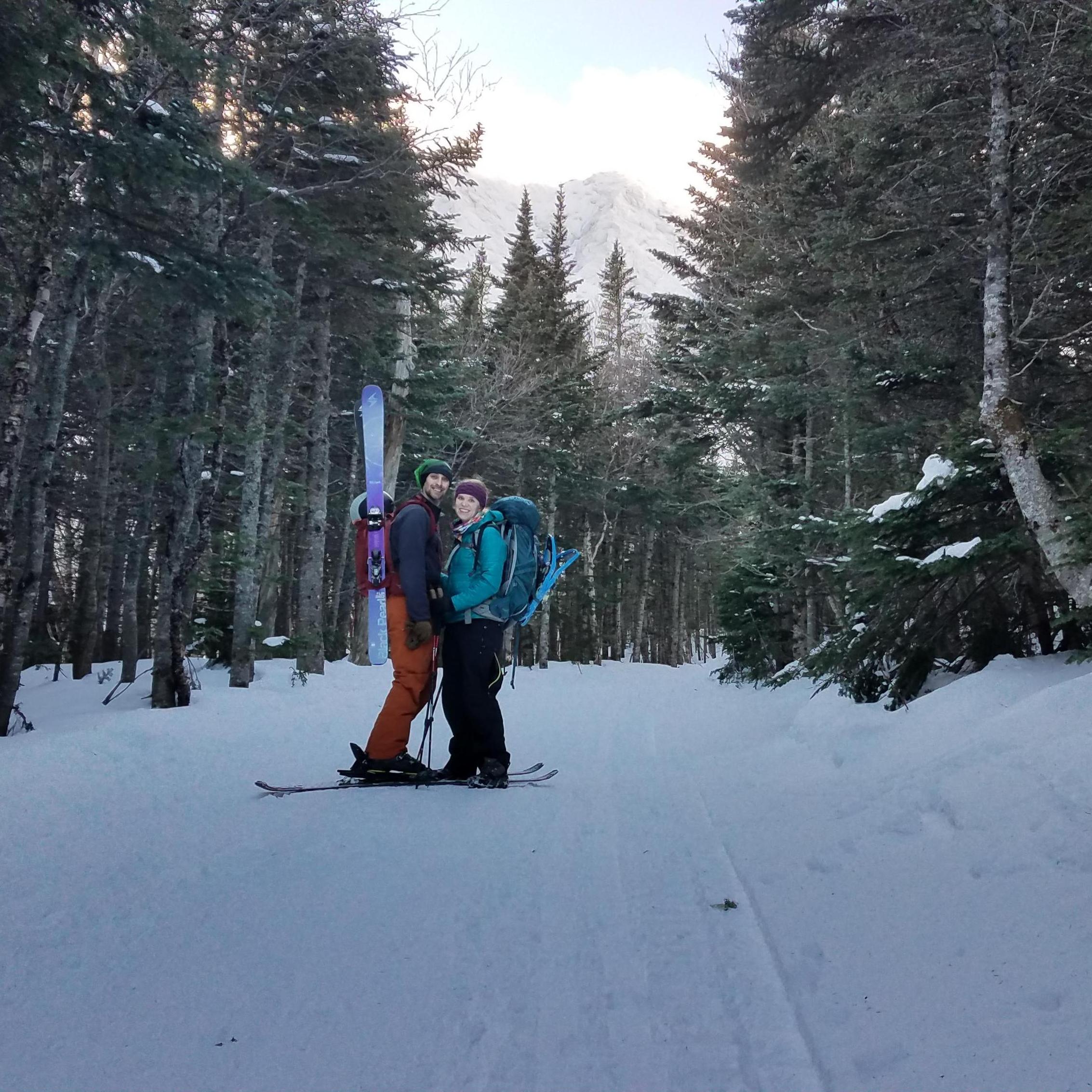 First time backcountry skiing Mt. Washington - before I had my fancy touring setup. Thanks for carrying my skis on your back, Ry <3