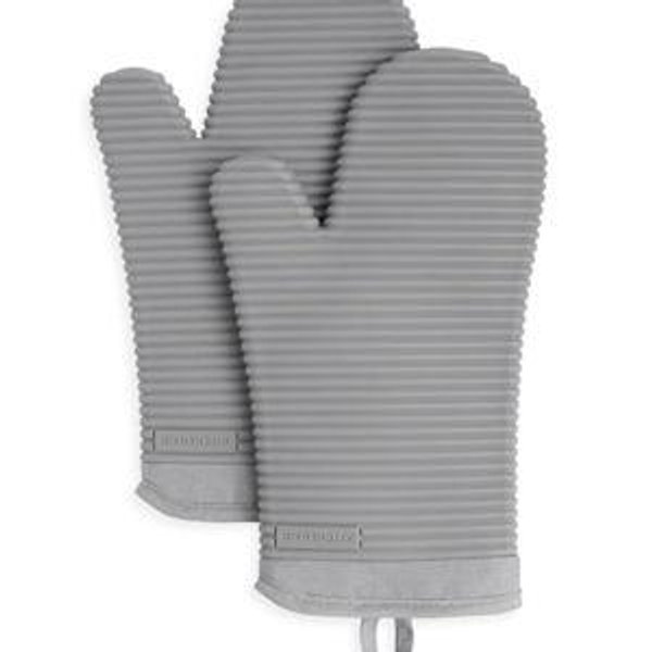 KitchenAid Ribbed Soft Silicone Oven Mitt Set, 7"x13", Grey 2 Count